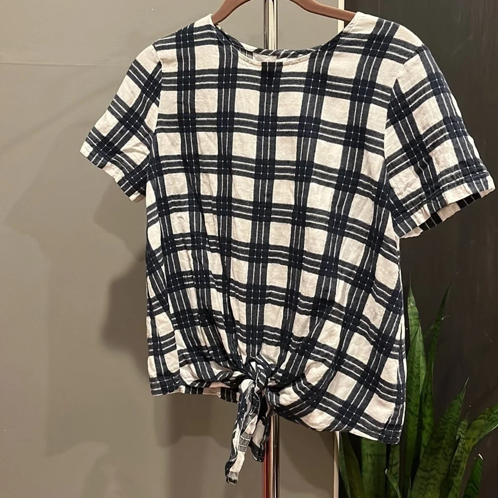 🍕🪻Madewell Plaid Button-Back Tie Tee blue white small CLOSEOUT